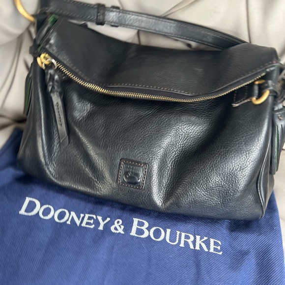 Dooney & Bourke Handbags - DOONEY & BOURKE BLACK LEATHER SHOULDER BAG WITH GREEN TUSSLES